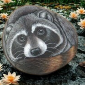 Painted on a natural 2-foot stone, this raccoon captures curiosity, intelligence, and gentle mischief. With soft eyes and detailed fur texture, it brings personality and warmth to any garden setting. Original, hand-painted artwork. Approx. 2 ft across.