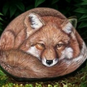 The Fox - Silent Watcher: Hand-painted on a natural 3-foot stone, this resting fox carries the quiet intelligence of the wild. With steady eyes and curled body, it embodies awareness, protection, and calm observation.
