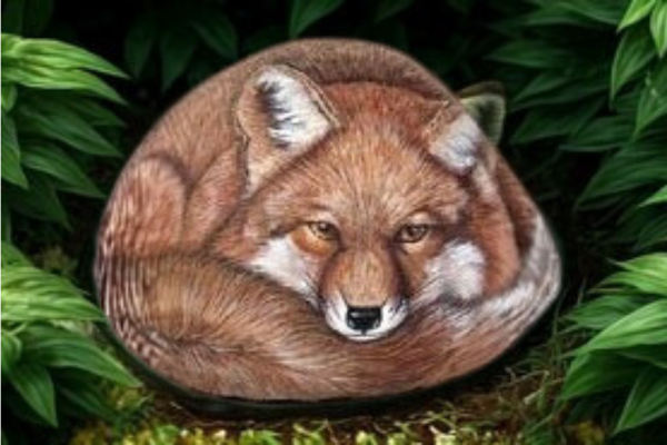 The Fox - Silent Watcher: Hand-painted on a natural 3-foot stone, this resting fox carries the quiet intelligence of the wild. With steady eyes and curled body, it embodies awareness, protection, and calm observation.