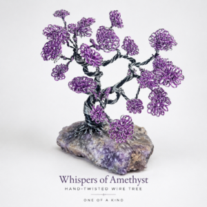 Whispers of Amethyst handwrapped wire tree sculputre by artist Gigidoe Nodin Kwey (GNK)