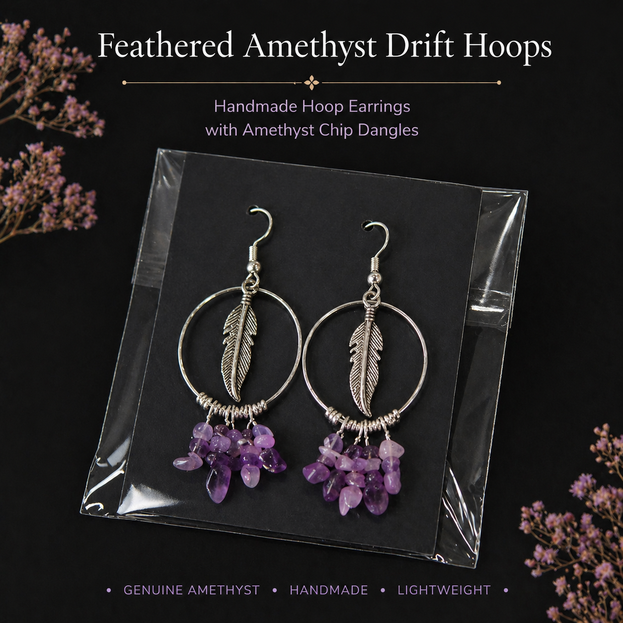 Feathered Amethyst Drift Hoops
