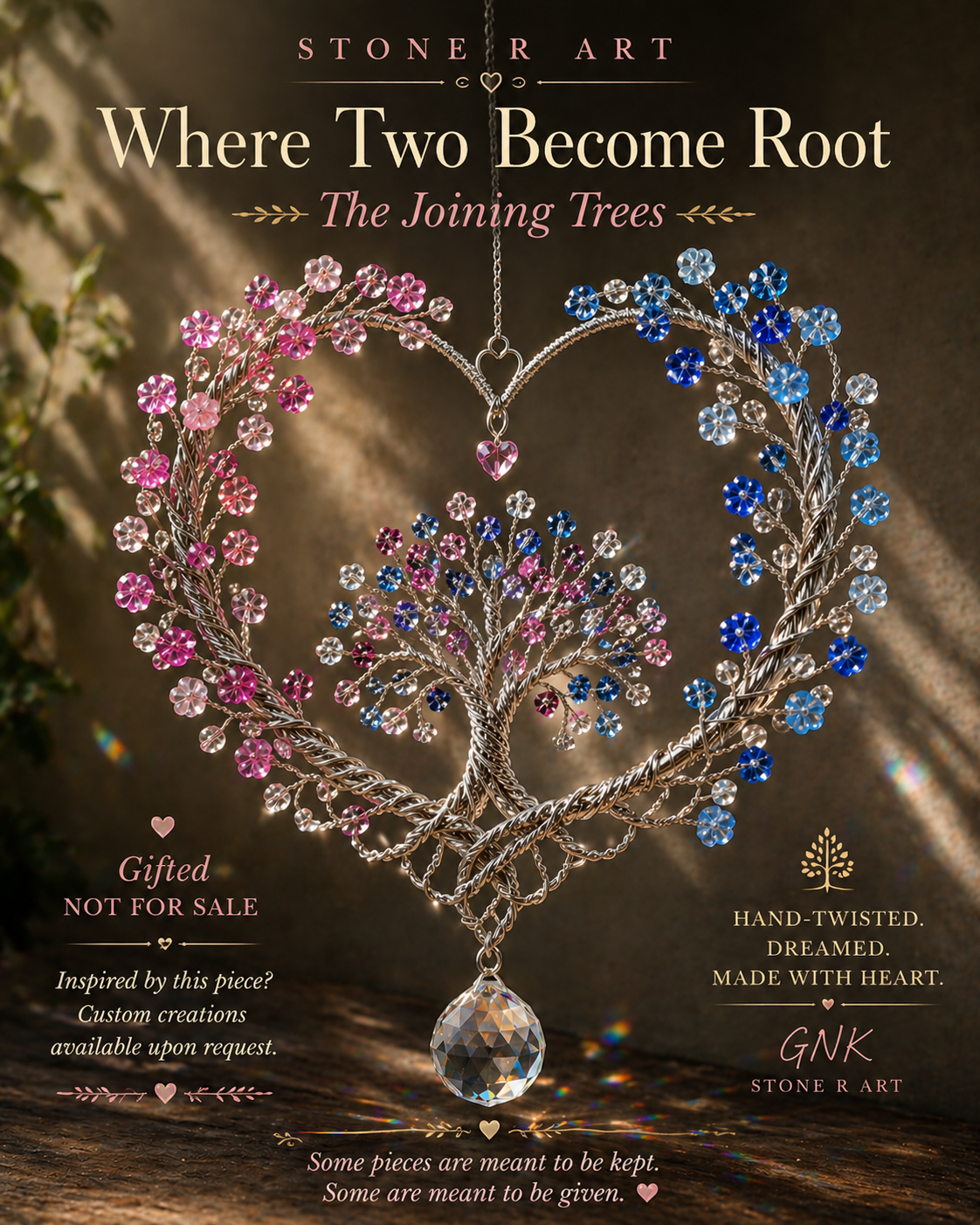 Handcrafted tree of life suncatcher featuring intertwined trees forming a heart with crystal prism. Inspired by love, family, and connection. Custom designs available.