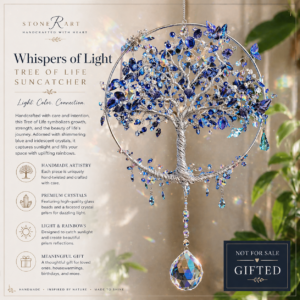 A one-of-a-kind handcrafted Tree of Life suncatcher, formed from hand-twisted silver-toned wire and adorned with faceted glass beads in deep blues and iridescent tones. Suspended within a circular frame, the branching design creates a full, balanced canopy that catches both light and attention. Finished with a crystal prism drop, this piece transforms sunlight into scattered color, bringing movement and subtle brilliance into any space. Each element is shaped by hand, making this a truly unique piece — no molds, no repeats.
