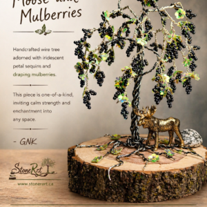 Handmade wire tree sculpture with draping mulberries and iridescent petals on a natural wood base. One-of-a-kind art piece. Shop at www.stonerart.ca
