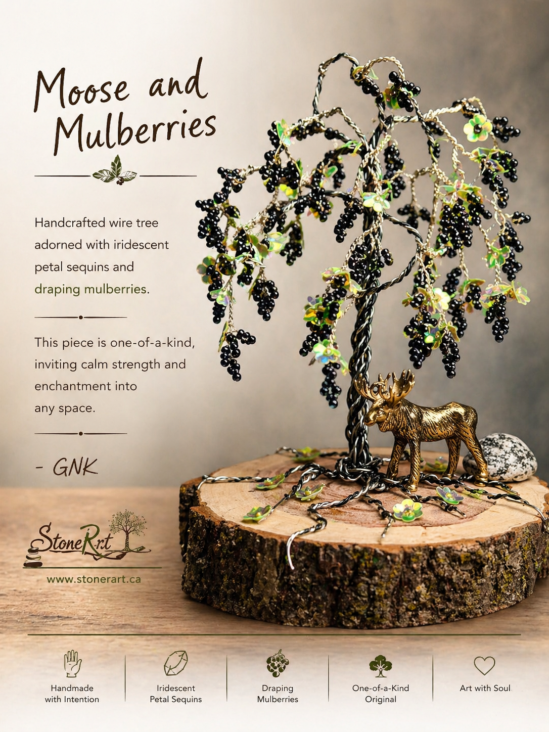 Handmade wire tree sculpture with draping mulberries and iridescent petals on a natural wood base. One-of-a-kind art piece. Shop at www.stonerart.ca