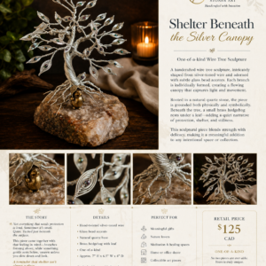 Handcrafted silver wire tree sculpture with glass bead accents, rooted in natural quartz and featuring a hidden brass hedgehog. A unique piece symbolizing protection, stillness, and grounding.